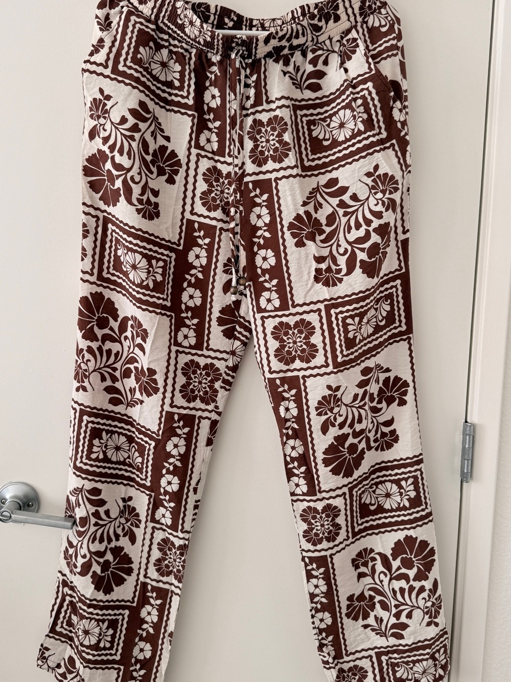 SOHO Apparel Brown & Cream Floral Wide Leg Pants M Boho Tropical Resort
